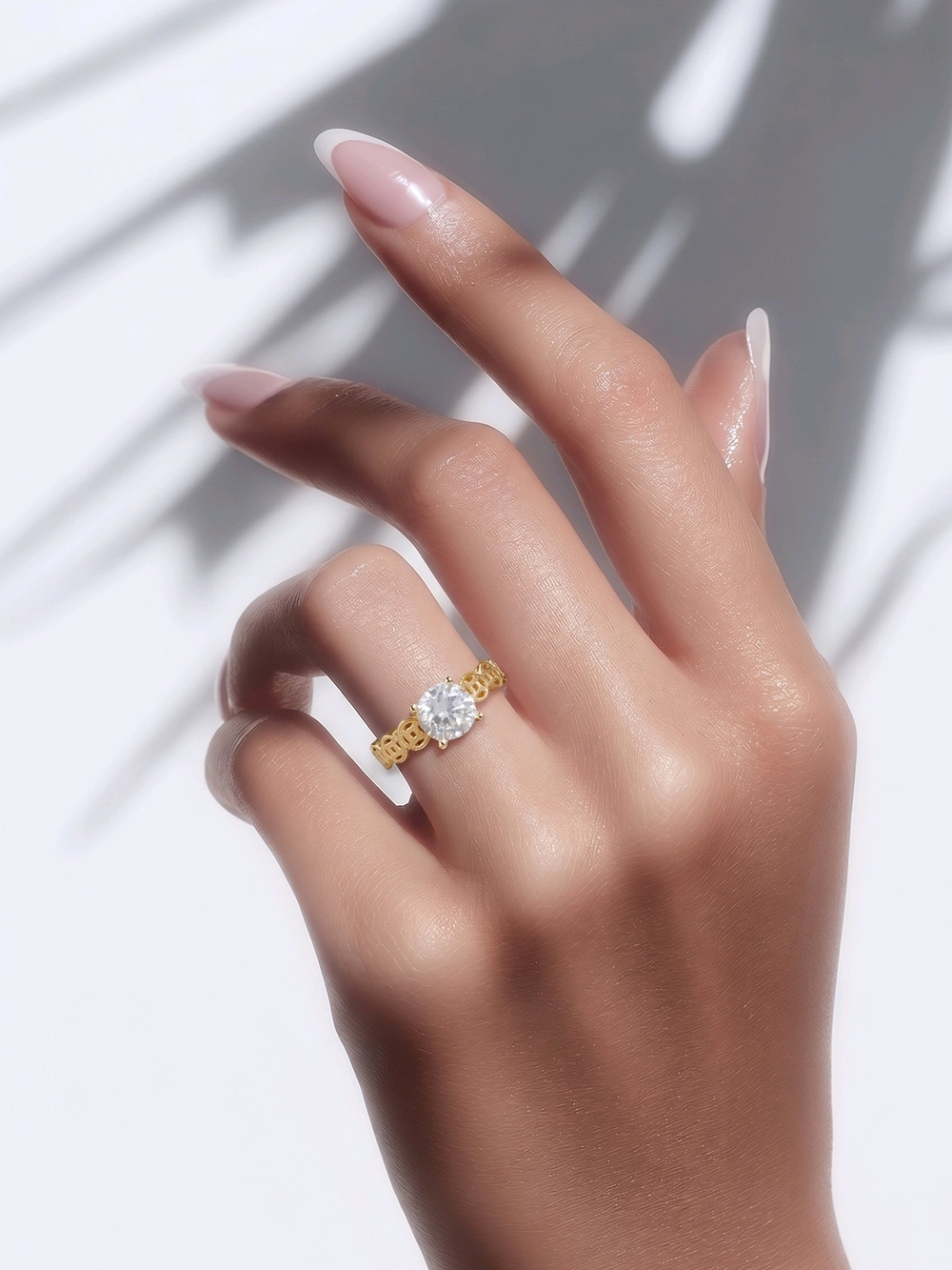 18k Real Saudi Gold-Tone Ring with Moissanite Stone - Women's Jewelry